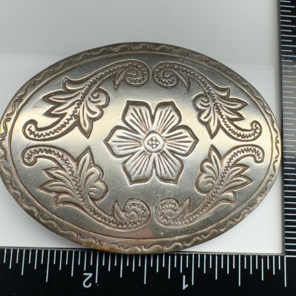 Oval Western Floral Etched Belt Buckle Silver Tone‎ Vintage Cowboy Accessory - Picture 2 of 11